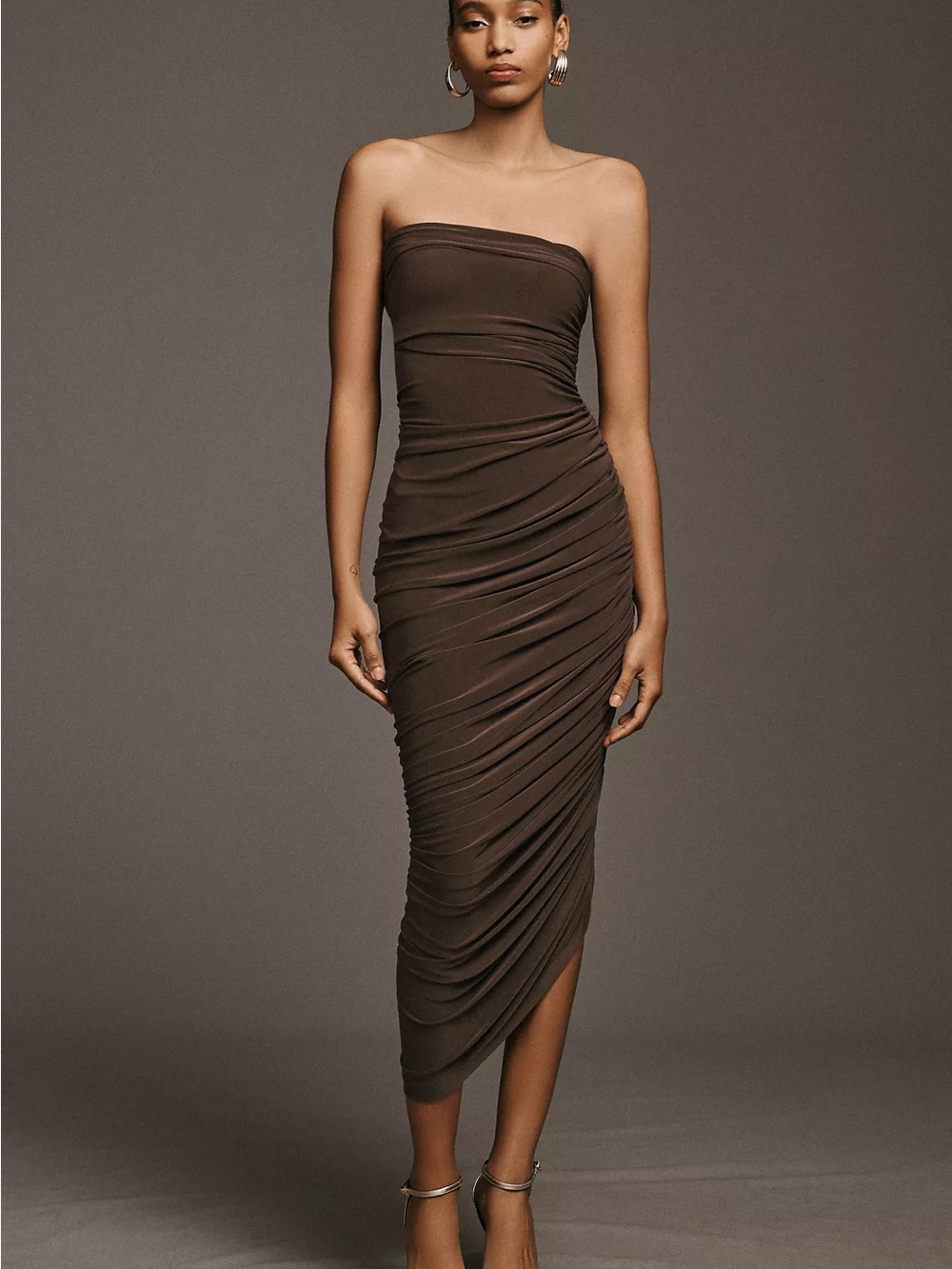 Norma Kamali Diana Strapless Ruched Jersey Midi Dress in Dark Brown XS